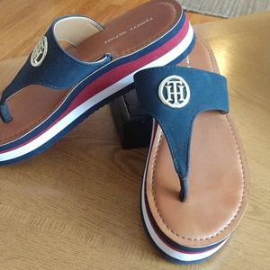 Tommy Hilfiger red white and blue wedge flip flops